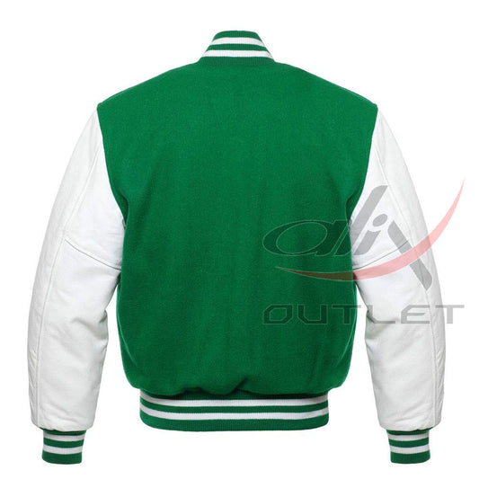 Baseball Jacket Green Wool & Leather Sleeves