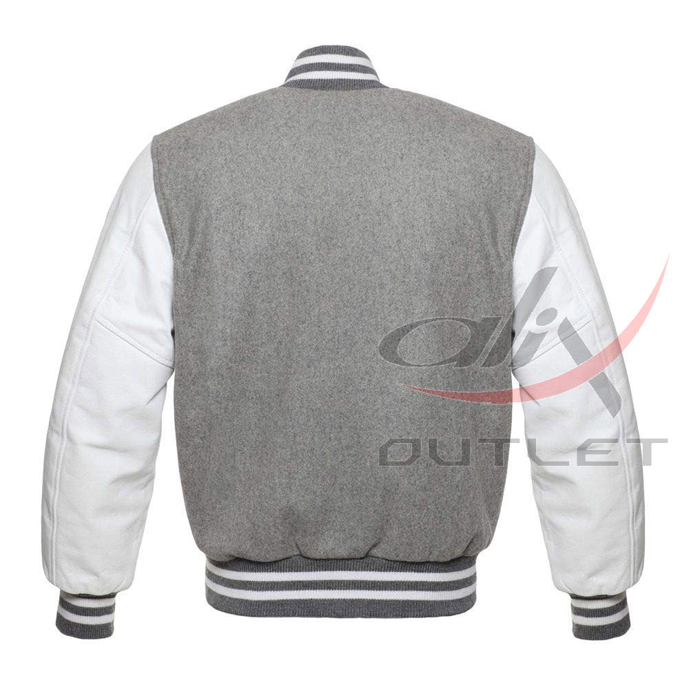 Baseball Jacket Grey Wool & Leather Sleeves
