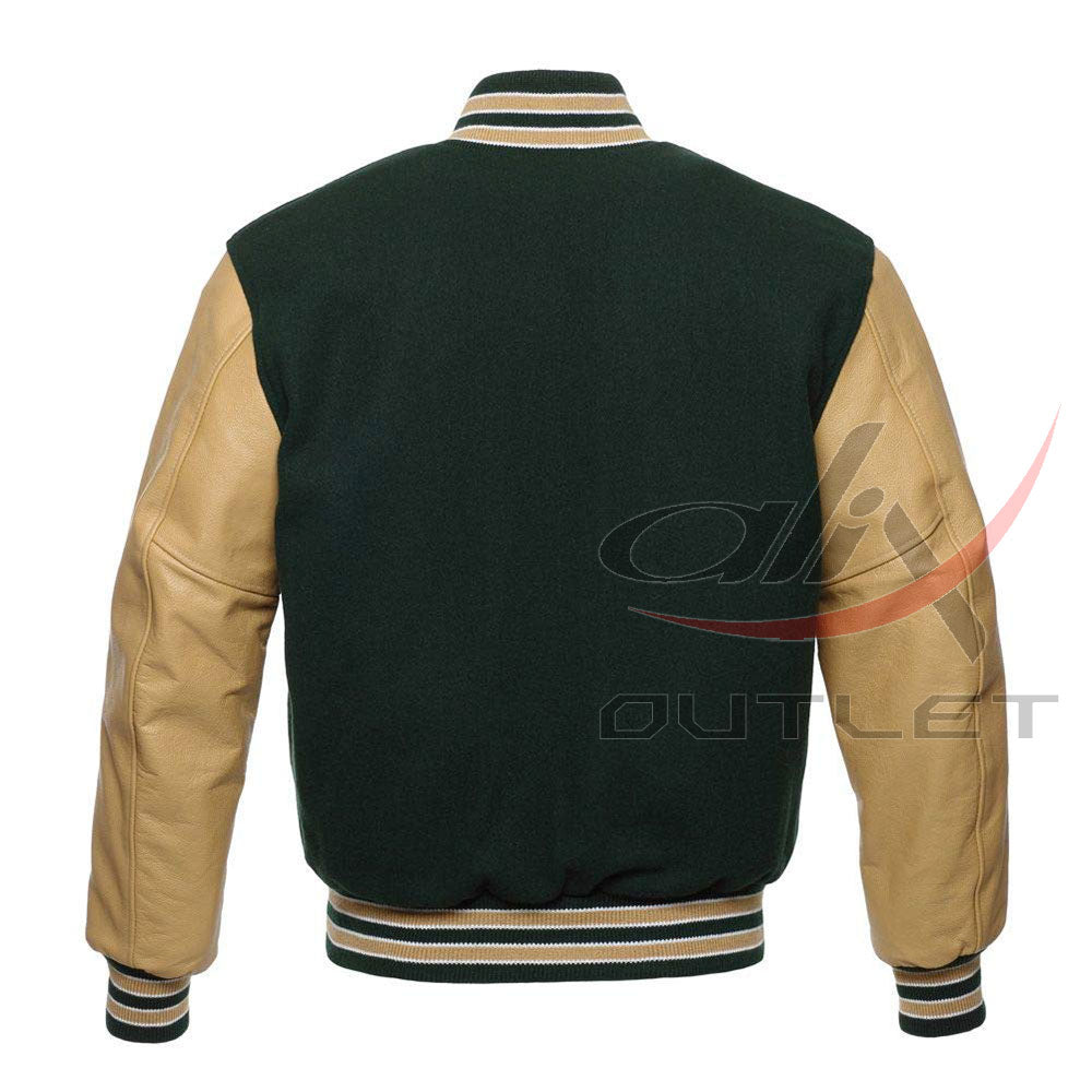 Letterman Jacket Dark Green Wool & Leather Sleeves