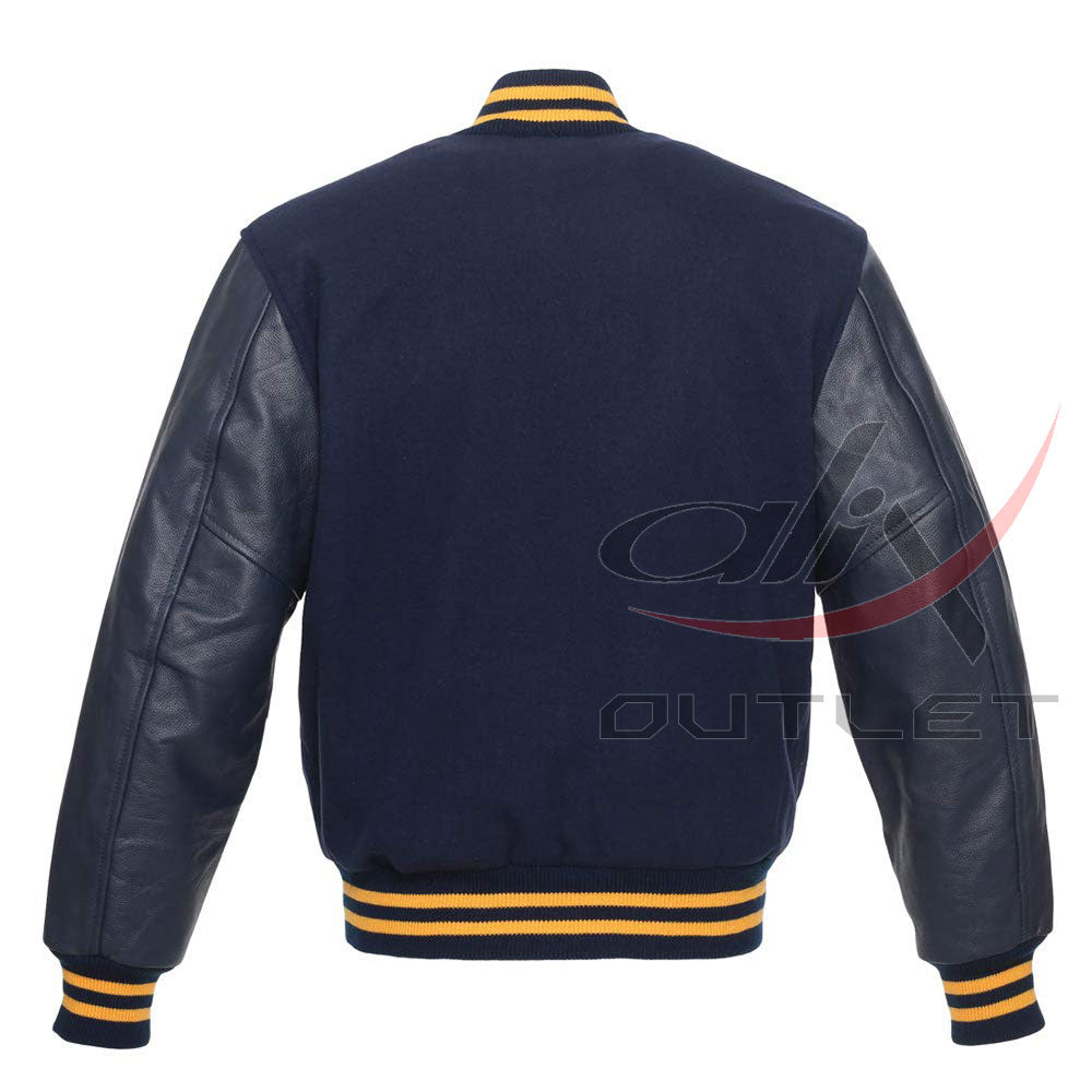 Varsity Letterman Baseball Dark Blue Wool & Leather Sleeves