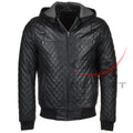 Black Real Leather Bomber Jacket Quilted Detachable Hooded image 0
