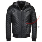 Black Real Leather Bomber Jacket Quilted Detachable Hooded image 0