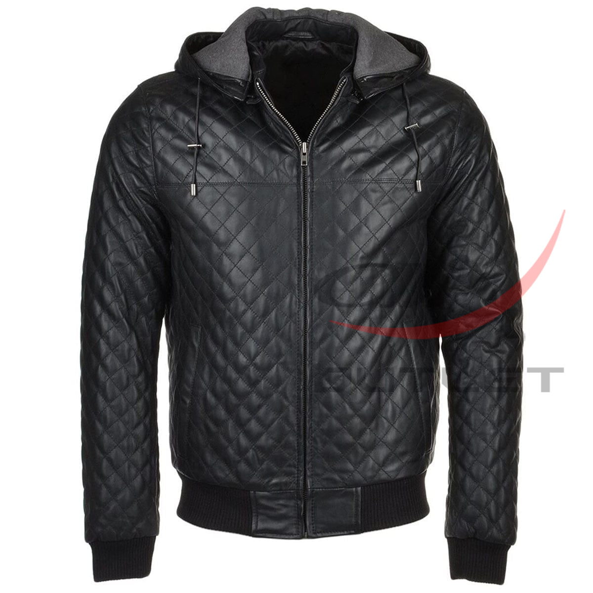 Black Real Leather Bomber Jacket Quilted Detachable Hooded image 0