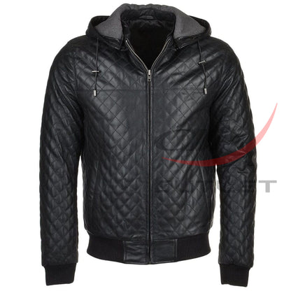 Black Real Leather Bomber Jacket Quilted Detachable Hooded image 0