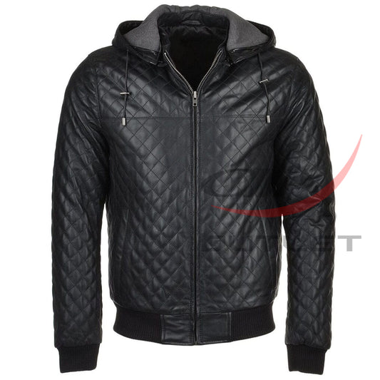 Black Real Leather Bomber Jacket Quilted Detachable Hooded image 0