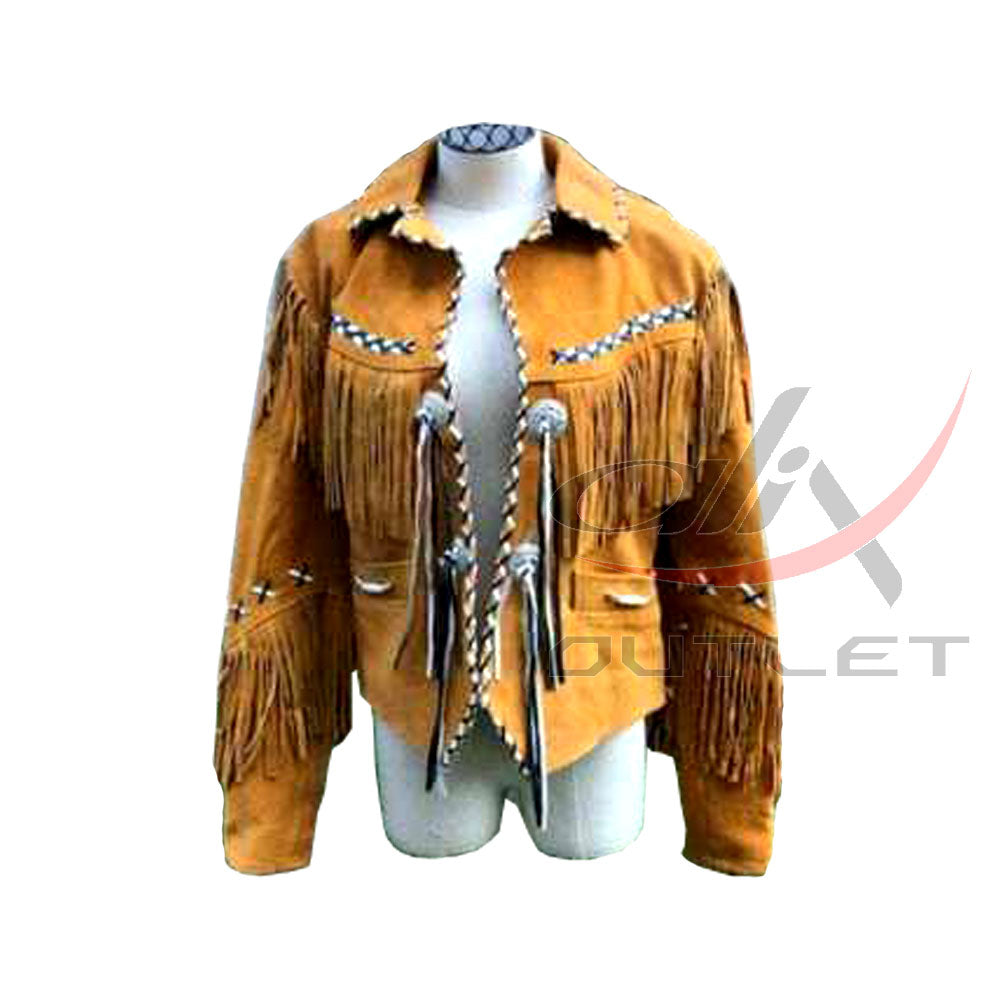 Men's Suede Jacket for Winter Bones & Bead Work with Fringe