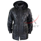 Genuine Leather Duffle Coat Detachable Hooded 3/4 Long Black image 0