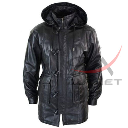 Genuine Leather Duffle Coat Detachable Hooded 3/4 Long Black image 0