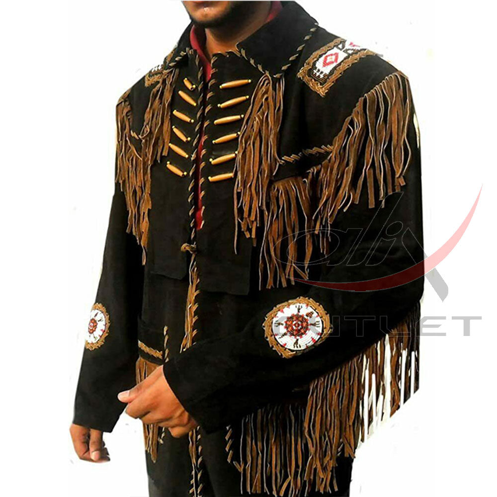 Men's Suede Jacket Bones & Bead Work with Fringe