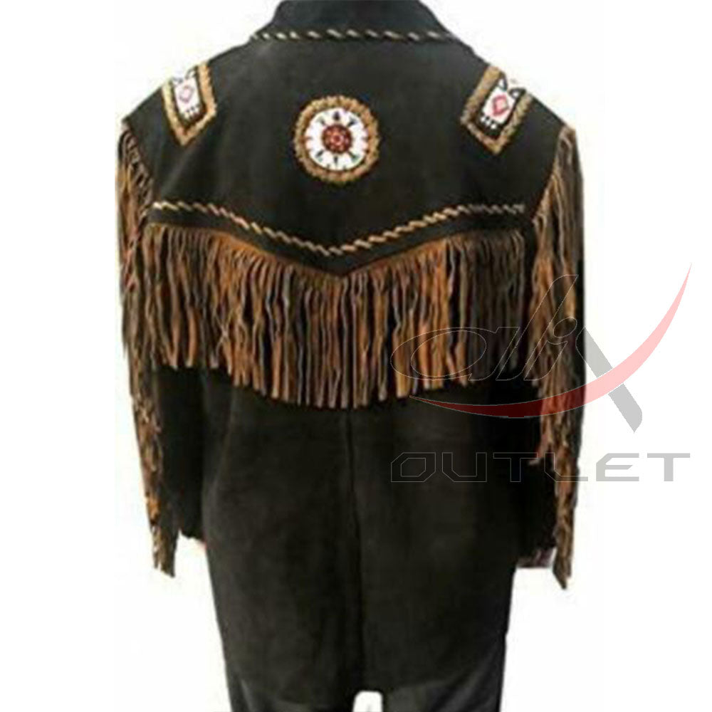 Men's Winter Suede Jacket Bones & Bead Work with Fringe