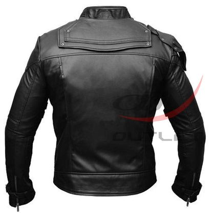 Men's Biker Leather Jacket Short Collar Black image 1