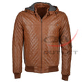 Brown Quilted Bomber Jacket Real Leather Detachable Hooded image 0