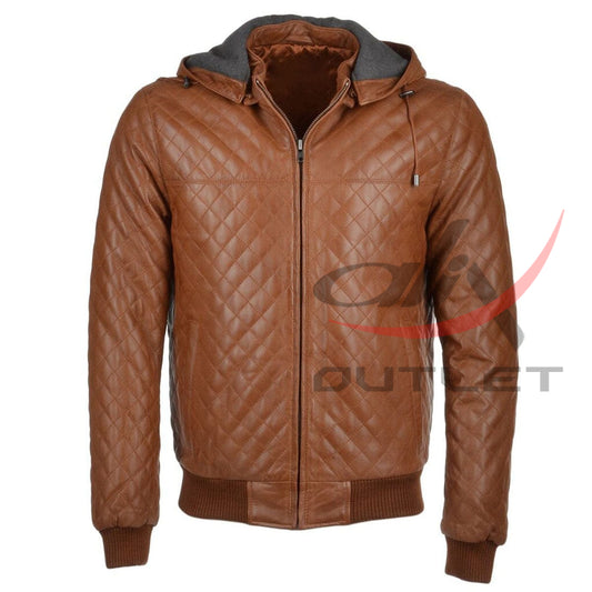 Brown Quilted Bomber Jacket Real Leather Detachable Hooded image 0