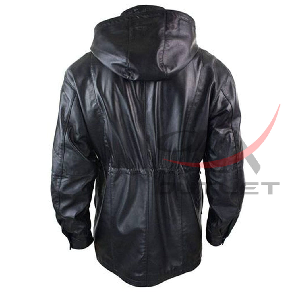 Genuine Leather Duffle Coat Detachable Hooded 3/4 Long Black image 1