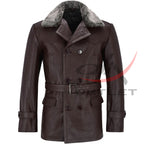 Real Leather Brown Peacoat Fur Collar image 0