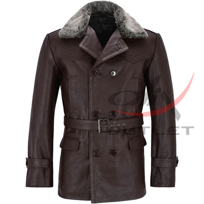Real Leather Brown Peacoat Fur Collar image 0