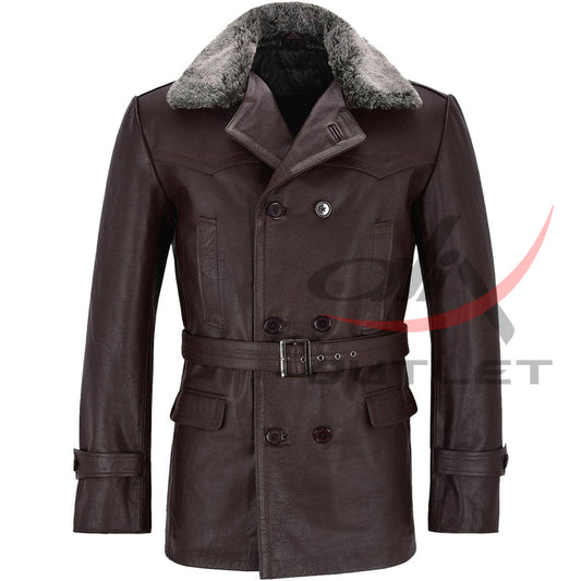 Real Leather Brown Peacoat Fur Collar image 0