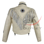 Women's Fringed Leather Jacket White 