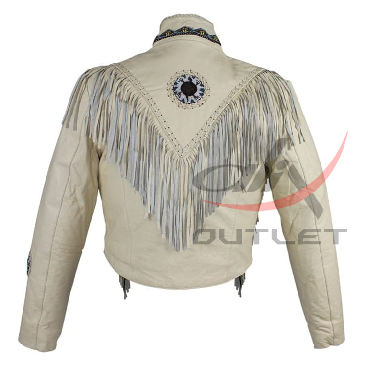 Women's Fringed Leather Jacket White 