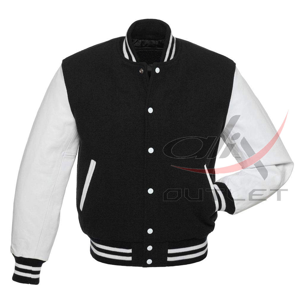 Baseball Jacket Black Wool & White Leather Sleeves
