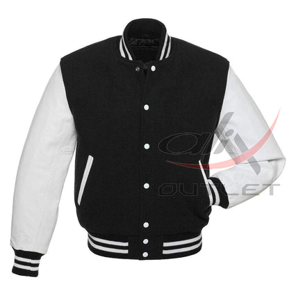Baseball Jacket Black Wool & White Leather Sleeves