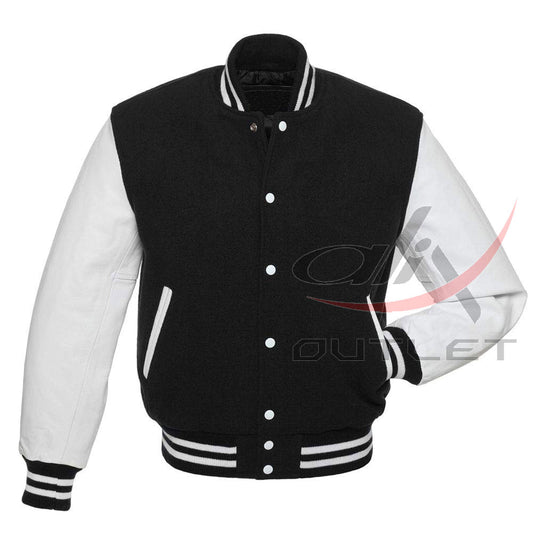 Baseball Jacket Black Wool & White Leather Sleeves