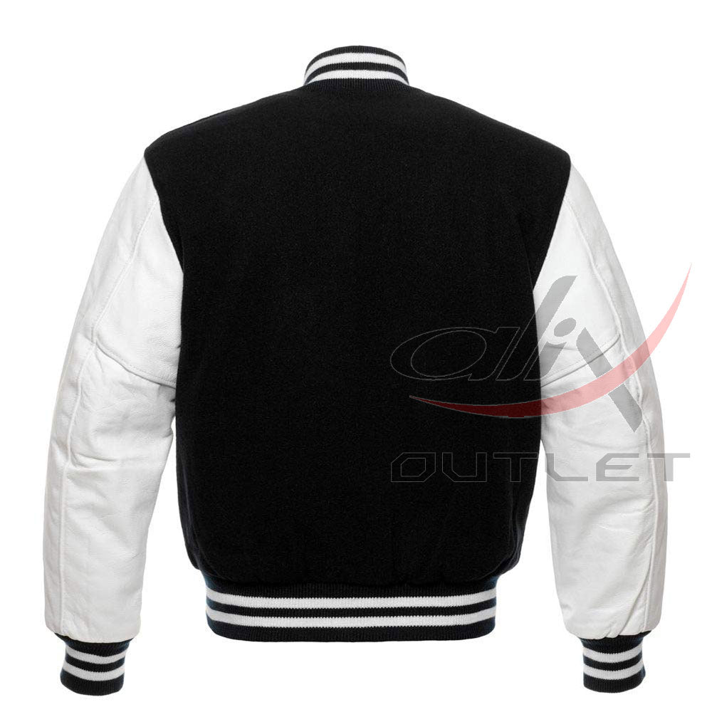 Baseball Jacket Black Wool & White Leather Sleeves