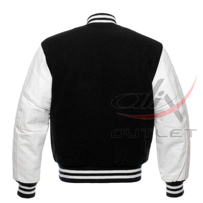 Baseball Jacket Black Wool & White Leather Sleeves