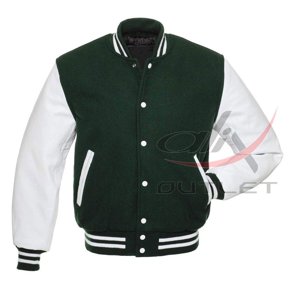 Baseball Jacket Dark Green Wool & Leather Sleeves