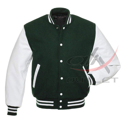 Baseball Jacket Dark Green Wool & Leather Sleeves