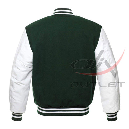 Baseball Jacket Dark Green Wool & Leather Sleeves