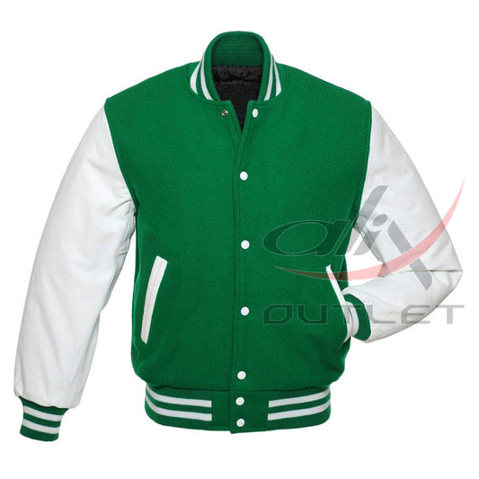 Baseball Jacket Green Wool & Leather Sleeves