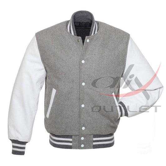 Baseball Jacket Grey Wool & Leather Sleeves