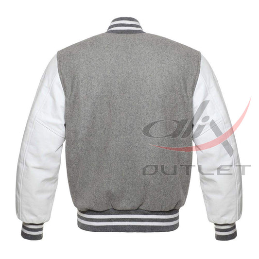 Baseball Jacket Grey Wool & Leather Sleeves