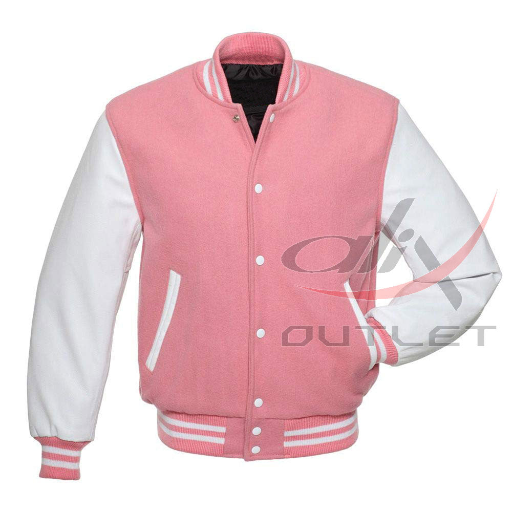 Baseball Jacket Pink Wool & Leather Sleeves