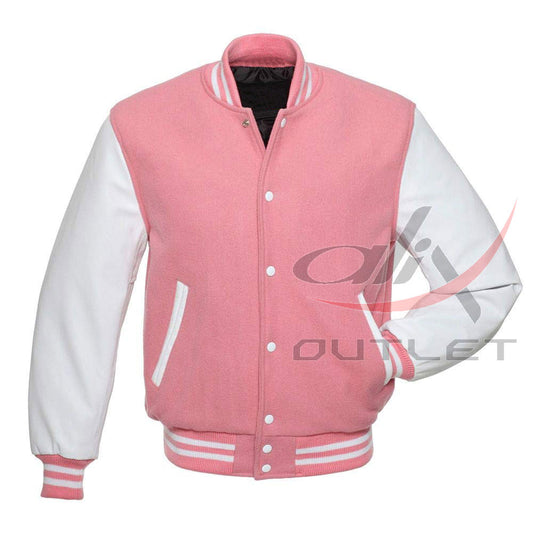 Baseball Jacket Pink Wool & Leather Sleeves