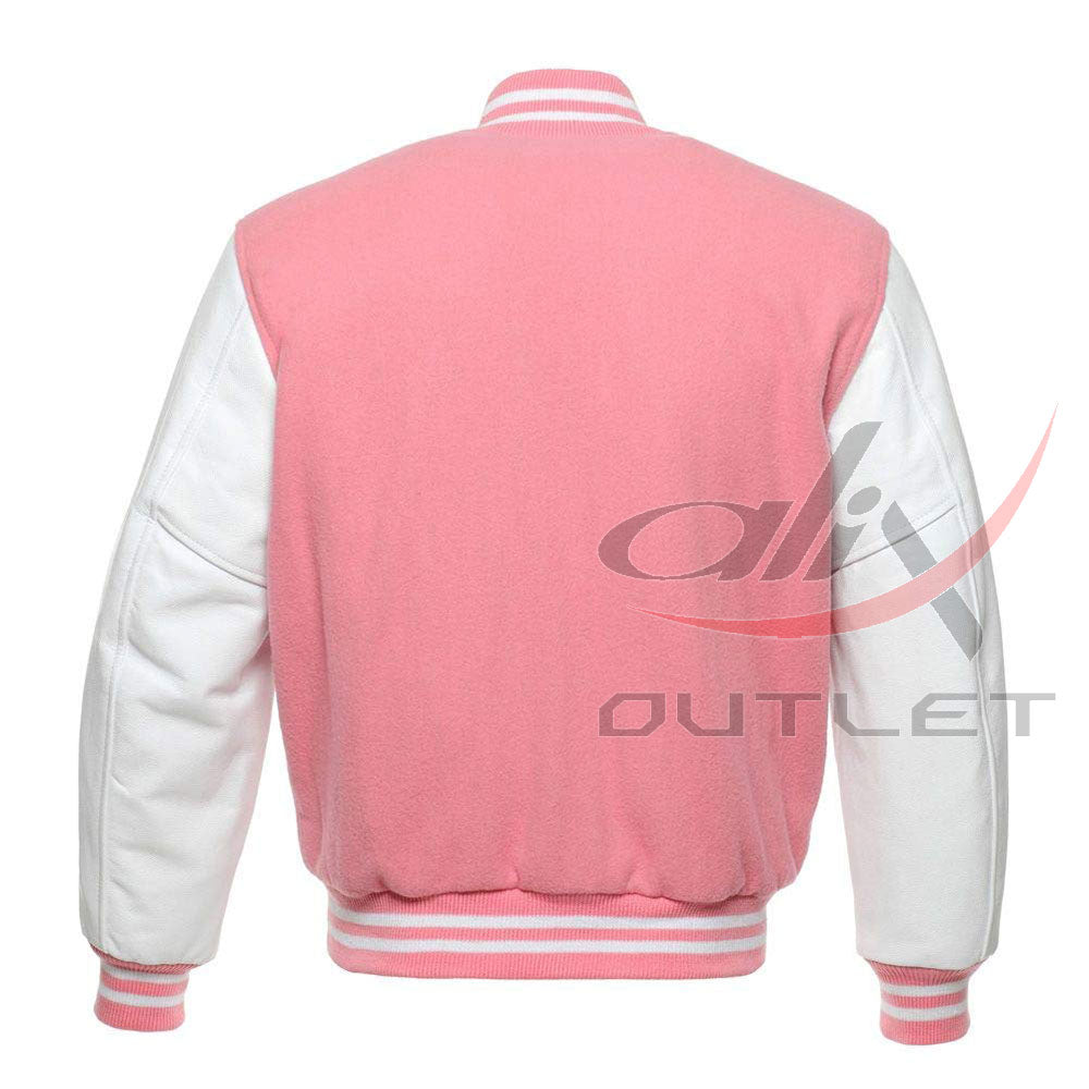 Baseball Jacket Pink Wool & Leather Sleeves