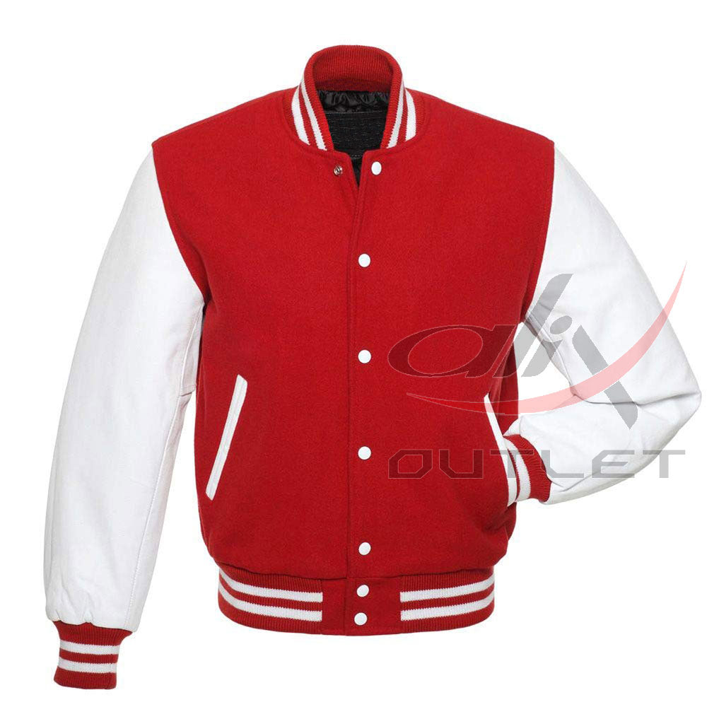 Baseball Jacket Red Wool & Leather Sleeves