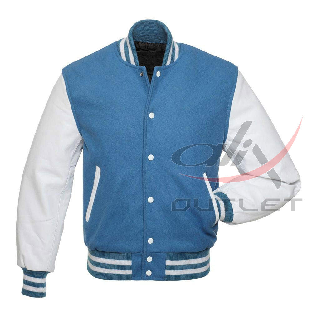Baseball Jacket Sky Blue Wool & Leather Sleeves