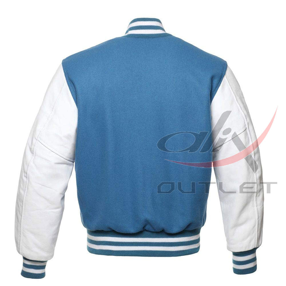 Baseball Jacket Sky Blue Wool & Leather Sleeves