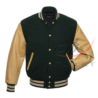 Letterman Jacket Dark Green Wool & Leather Sleeves