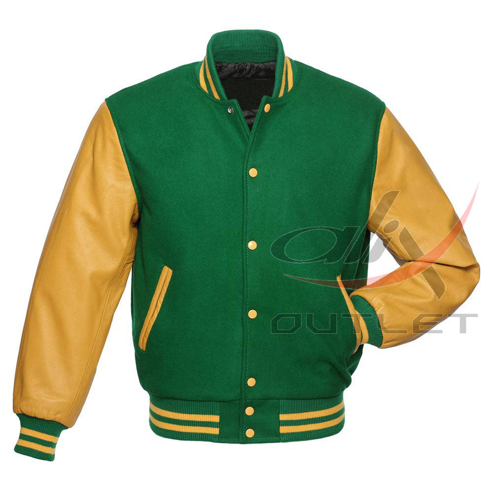 Letterman Jacket Green Wool & Leather Sleeves