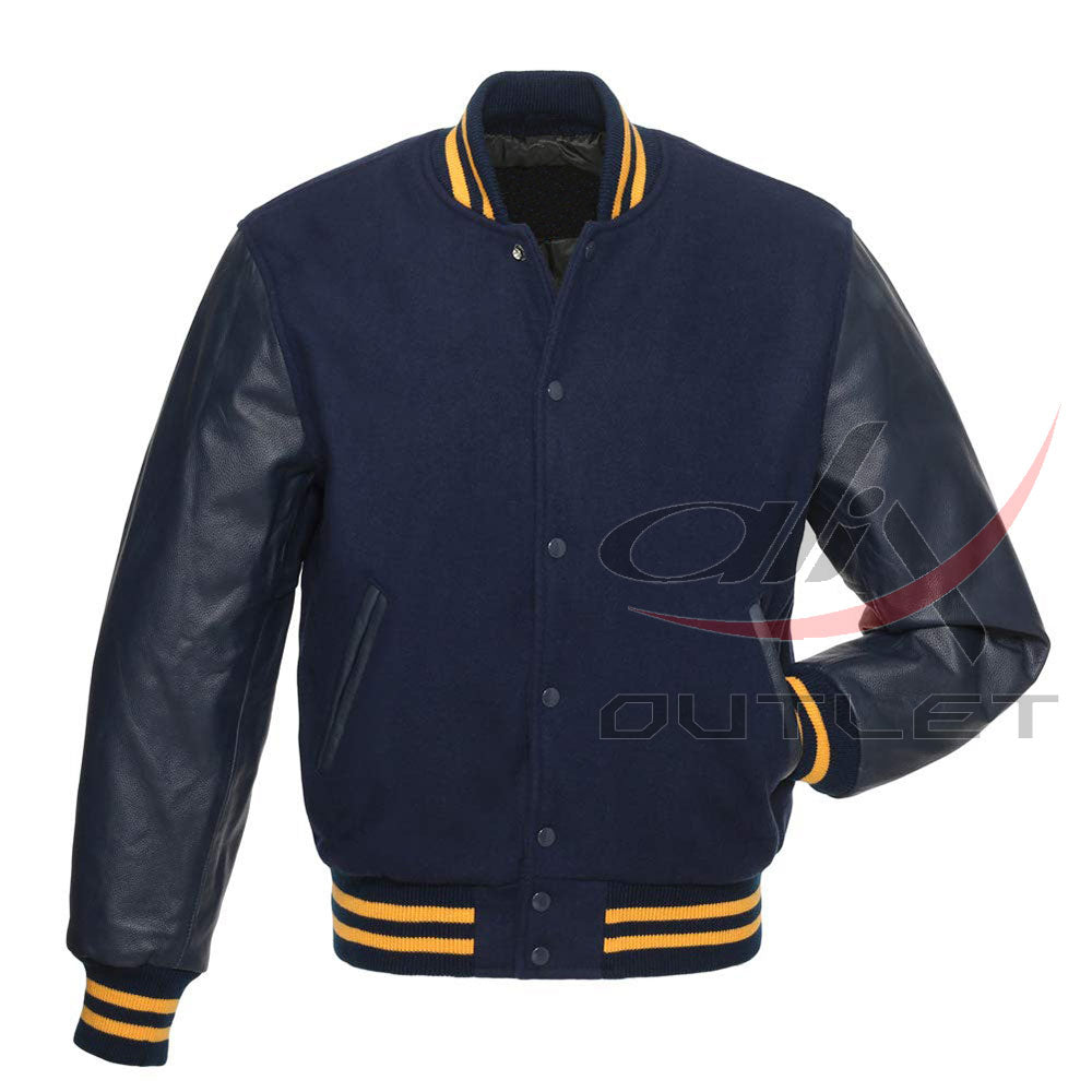Varsity Letterman Baseball Dark Blue Wool & Leather Sleeves