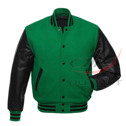 Varsity Letterman Baseball Green Wool & Leather Sleeves