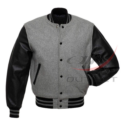 Varsity Letterman Baseball Grey Wool & Leather Sleeves Jacket