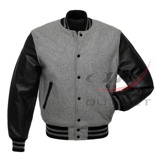 Varsity Letterman Baseball Grey Wool & Leather Sleeves Jacket
