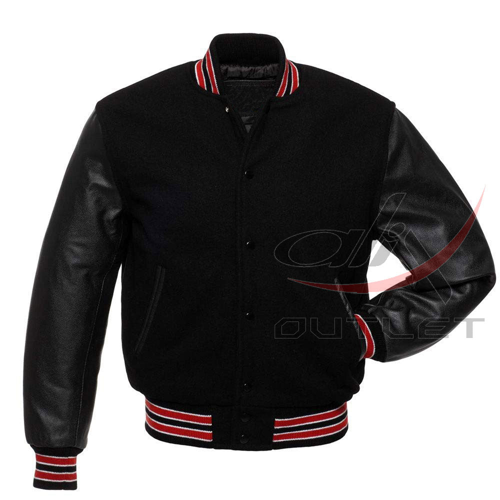 Varsity Jacket Black Wool & Leather Sleeves