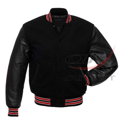 Varsity Jacket Black Wool & Leather Sleeves