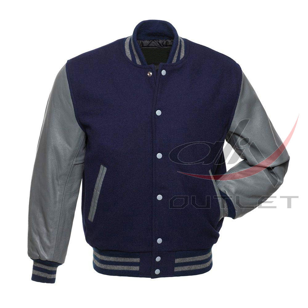 Varsity Jacket Navy Blue Wool & Leather Sleeves