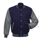 Varsity Jacket Navy Blue Wool & Leather Sleeves
